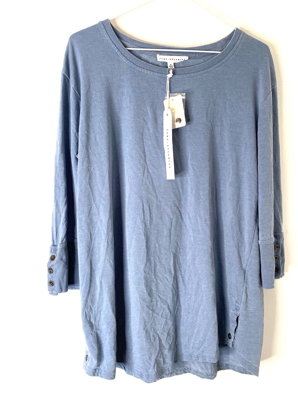 Blue Mineral Wash Oversized Tunic Top Button Cuffs Jane and Delancey NWT